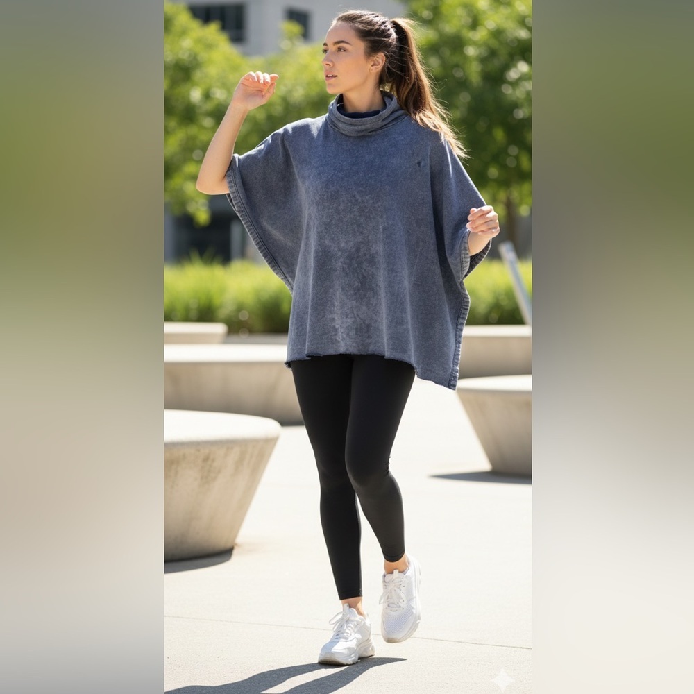 NEW Aritzia Wilfred Oversized XS Berenson Funnel Neck Poncho Cape In Washed Blue